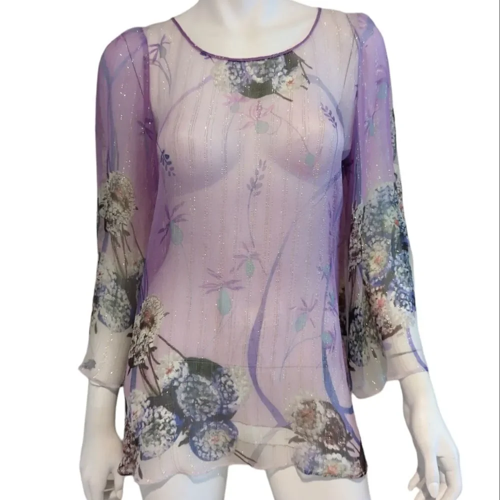 Blumarine Sheer Silk Bell Sleeve Top NWOT - Picture 2 of 8